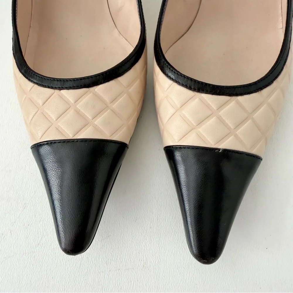 CHANEL || Beige Quilted Leather Black Cap Toe Pointed Pumps Heels EU 37